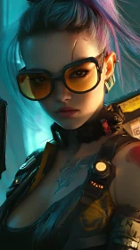 Fierce neon heroine with cyberpunk style and quiet resolve.