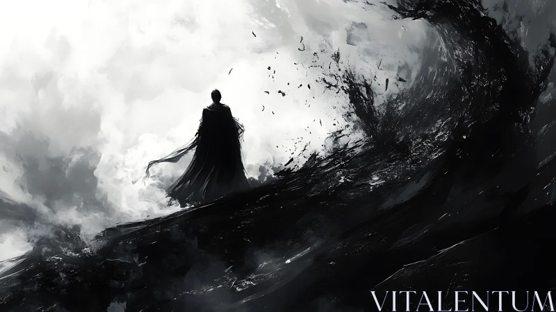 Dark wanderer confronts a storm of ink and shadowed sky.