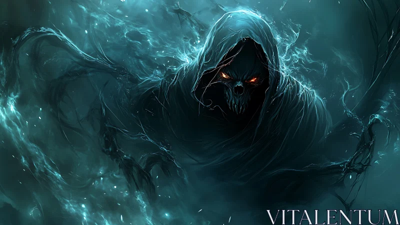 Dark hooded wraith emerges from swirling teal stormlight