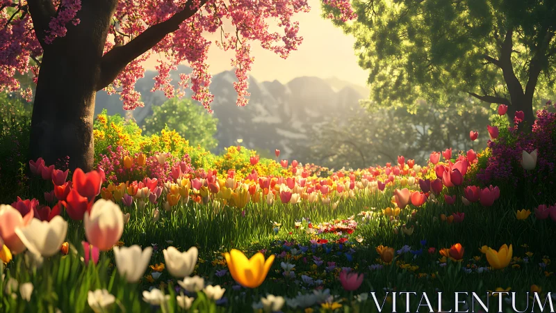 Spring Garden Valley with Blooming Tulips and Flowering Trees.