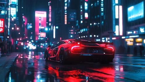 Neon-lit hypercar rear view on rain-soaked cyberpunk avenue