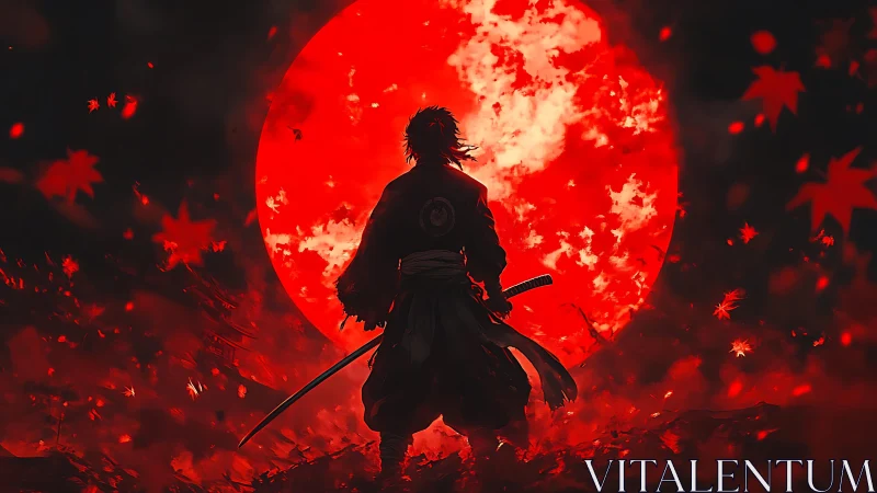 Lone samurai greets a blazing red moon in swirling leaves