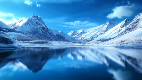 Snow covered mountain range reflected in still lake surface.