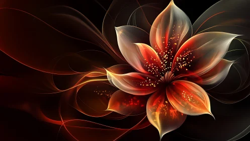 Luminescent fractal flower with flowing ember petals.