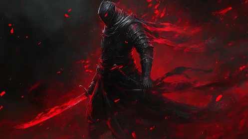 Armored wraith swordsman in red particulate energy shroud