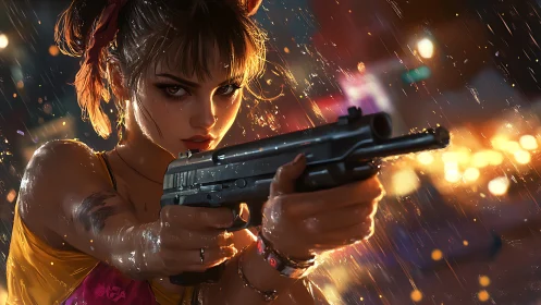 Female figure aiming handgun in wet urban night scene.