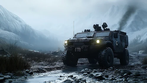 Snowbound armored rover rolling through misty mountain pass.