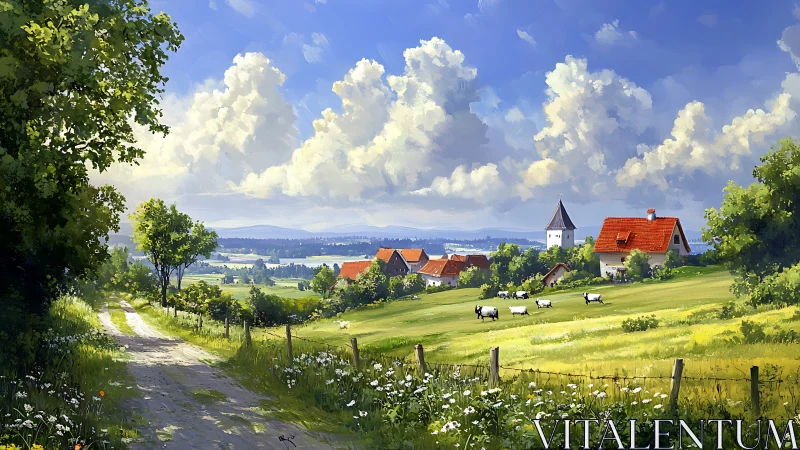 Sunlit rural valley with red-roof village and grazing sheep.