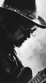 Silhouetted guitarist in hat under dramatic monochrome light.