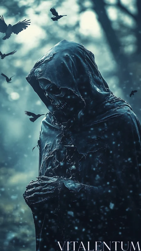 Shadowed reaper walks softly through a storm of silent crows