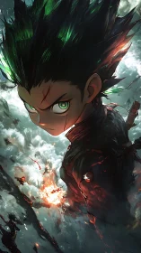 Dynamic anime warrior in stormlit vertical composition.