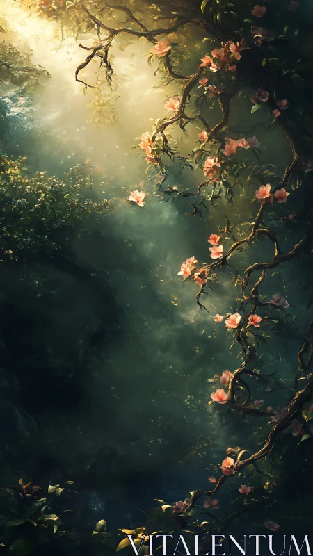 Vertical forest clearing with flowering vine in misty light.