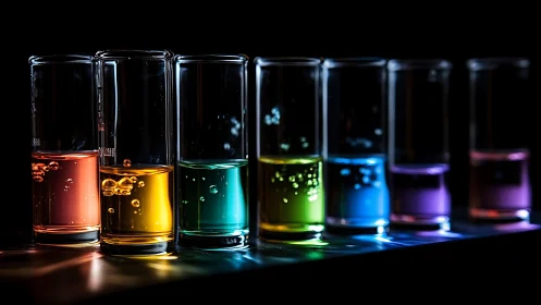Seven quiet test tubes whisper color across the dark