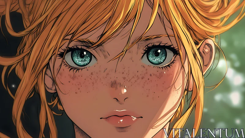Freckled anime girl with teal eyes in close portrait view.