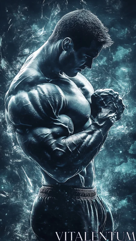 Muscular male bodybuilder in intense glowing side profile.