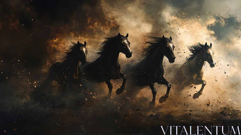 Wild black horses charge through firelit storm clouds