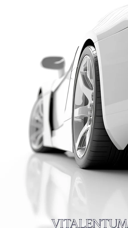 Rear quarter view of modern white sports car on white floor.