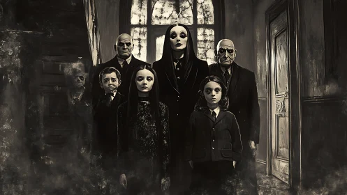 Monochrome gothic family portrait renders cinematic dread