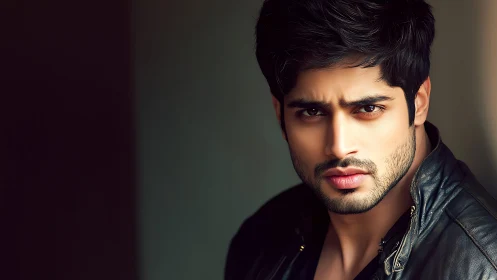 Brooding gaze and soft light on a modern leather-clad face.