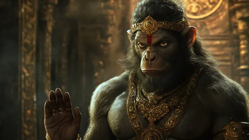 Divine warrior ape holds a solemn blessing in gilded temple