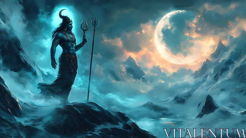 Blue-skinned deity with trident in misty lunar mountains.