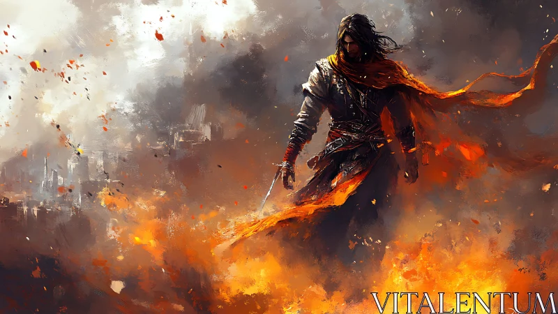 Lone warrior strides through blazing ruins in stormy smoke