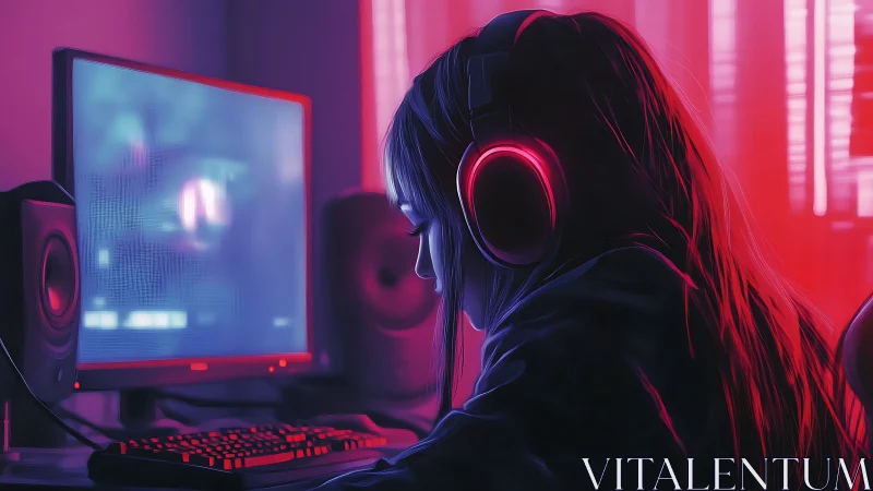 Neon-lit gamer focused at night in a cozy digital glow.