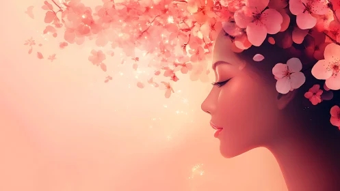 Floral silhouette portrait in soft coral and cherry blossoms.