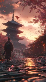 Samurai stroll under autumn dusk at a quiet pagoda street.