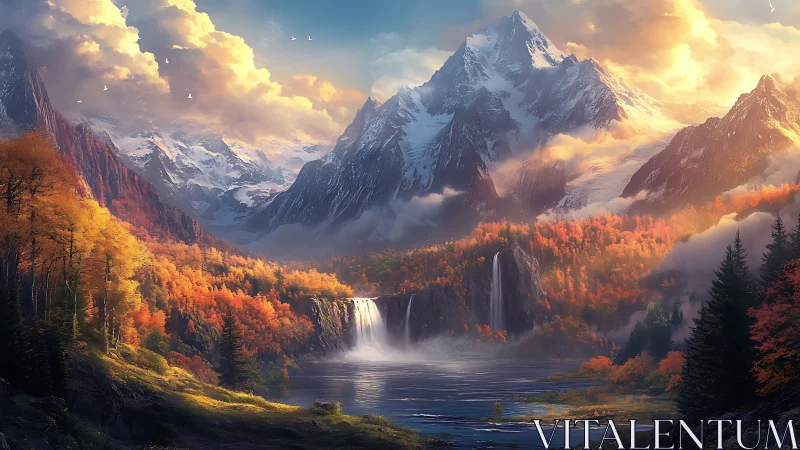 Mountain valley landscape shows waterfalls and autumn forest