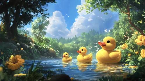 Three rubber duck figures float on a calm forest pond