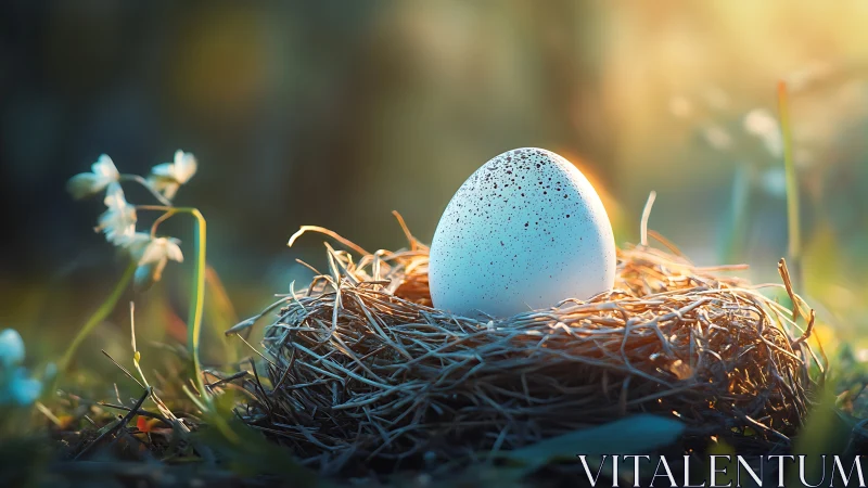 Backlit speckled egg in shallow-focus meadow nest at sunrise