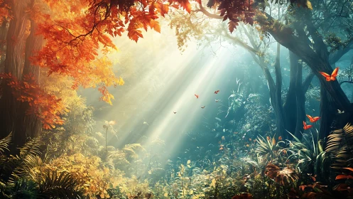 Enchanted Forest Landscape with Autumn Foliage and Celestial Light