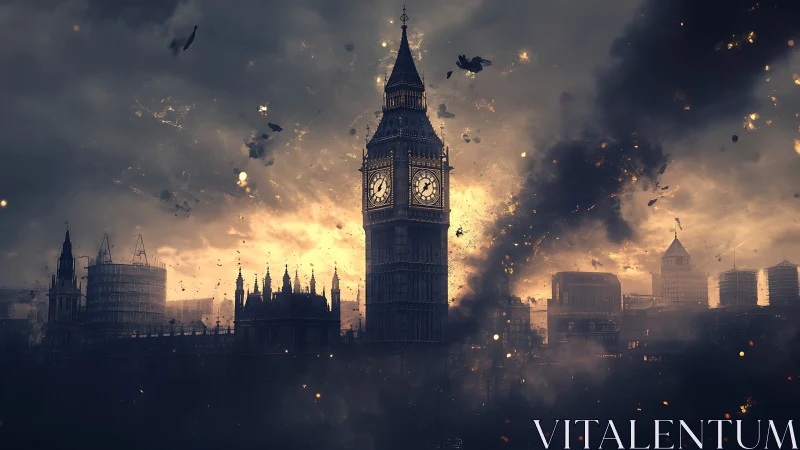 Clock tower skyline under stormy apocalyptic blast.