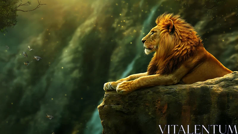 Radiant lion sentinel on rocky ledge in luminous forestscape.