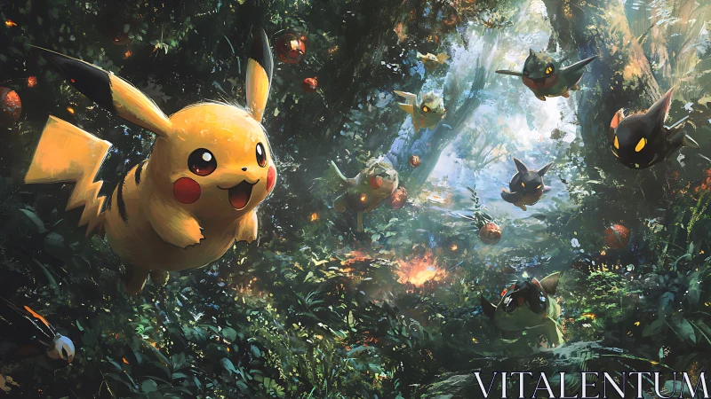 Pikachu and ghostlike creatures moving through dense forest.