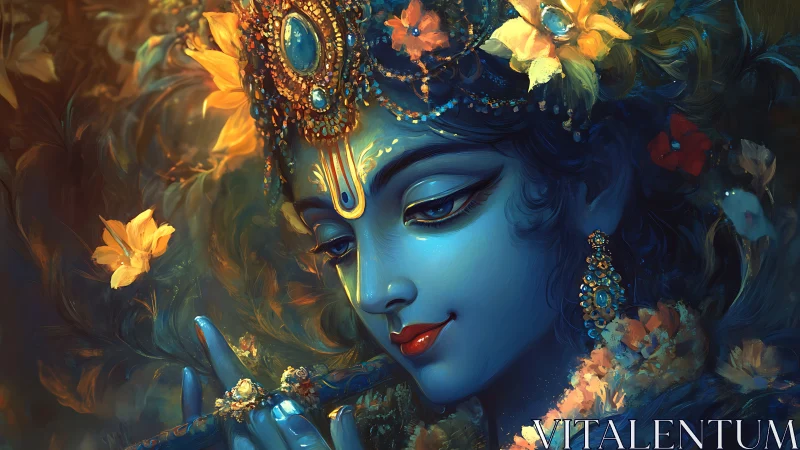 Chromatic deity portrait with jeweled headdress and flute focus.