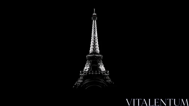 Monochrome Eiffel Tower silhouette on black background.