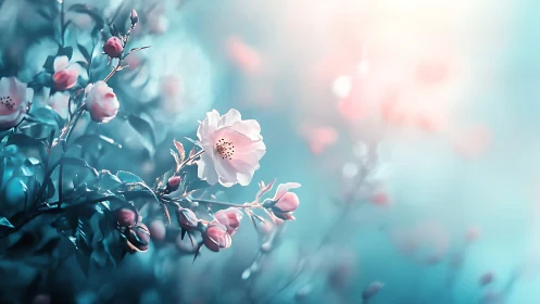 Delicate Pink Blossoms Against Dreamy Turquoise Haze.