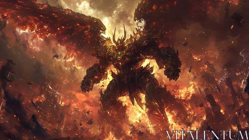Armored winged giant stands amid large-scale urban conflagration