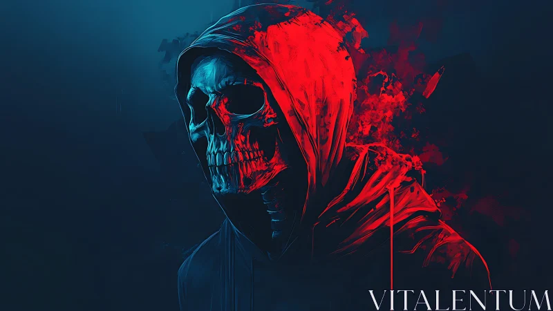 Crimson hooded skull glowing against deep midnight shadows.
