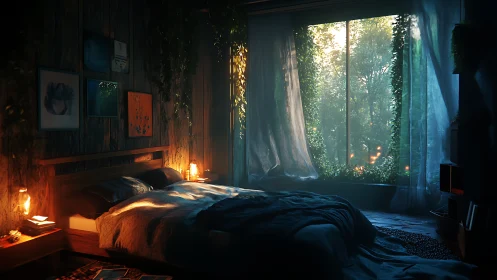 Biophilic bedroom interior with volumetric dawn lighting effects.