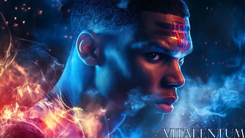 Side-lit male portrait contrasts blue rim light and red glow