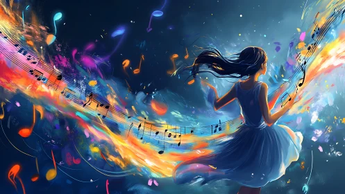 Digital painting girl dancing through swirling neon music notes.