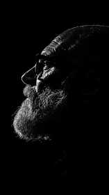Silver-bearded profile carved from darkness and quiet light.
