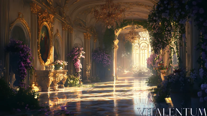 Sunlit palace corridor glows with gilded florals and quiet magic