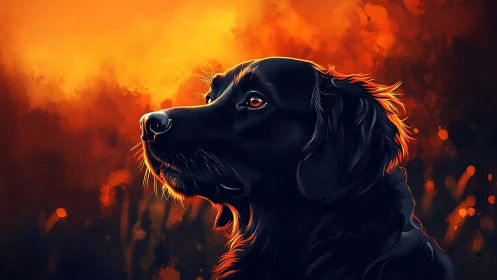 Black dog portrait rendered against vivid orange backdrop