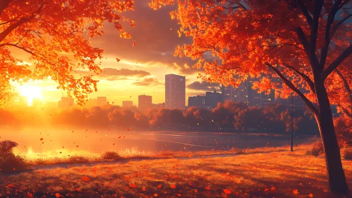 Urban lakeside park glowing in cinematic autumn sunset light.