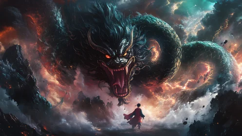 Storm-breathing dragon roars above lone ember-cloaked hero.