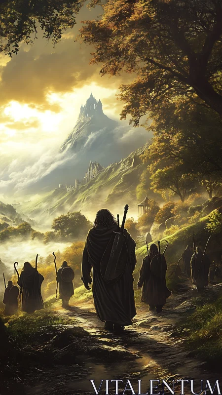 Epic fantasy procession toward mountain citadel at dawn.